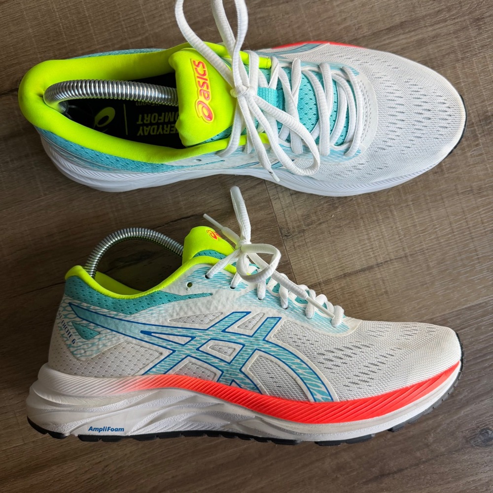Asics Gel-Excite 6 Womens Running Shoes White Blue Coast Neon 1012A507 Size 10